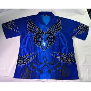 City Impact Tribal Flame Shirt Sz L Blue Black Y2K Cyber Skater Grunge Button Up